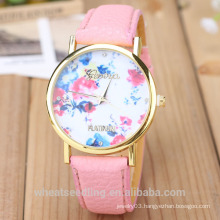 simple design fashion vintage genuine leather strap litchi shap flower printed dial watch, women watches